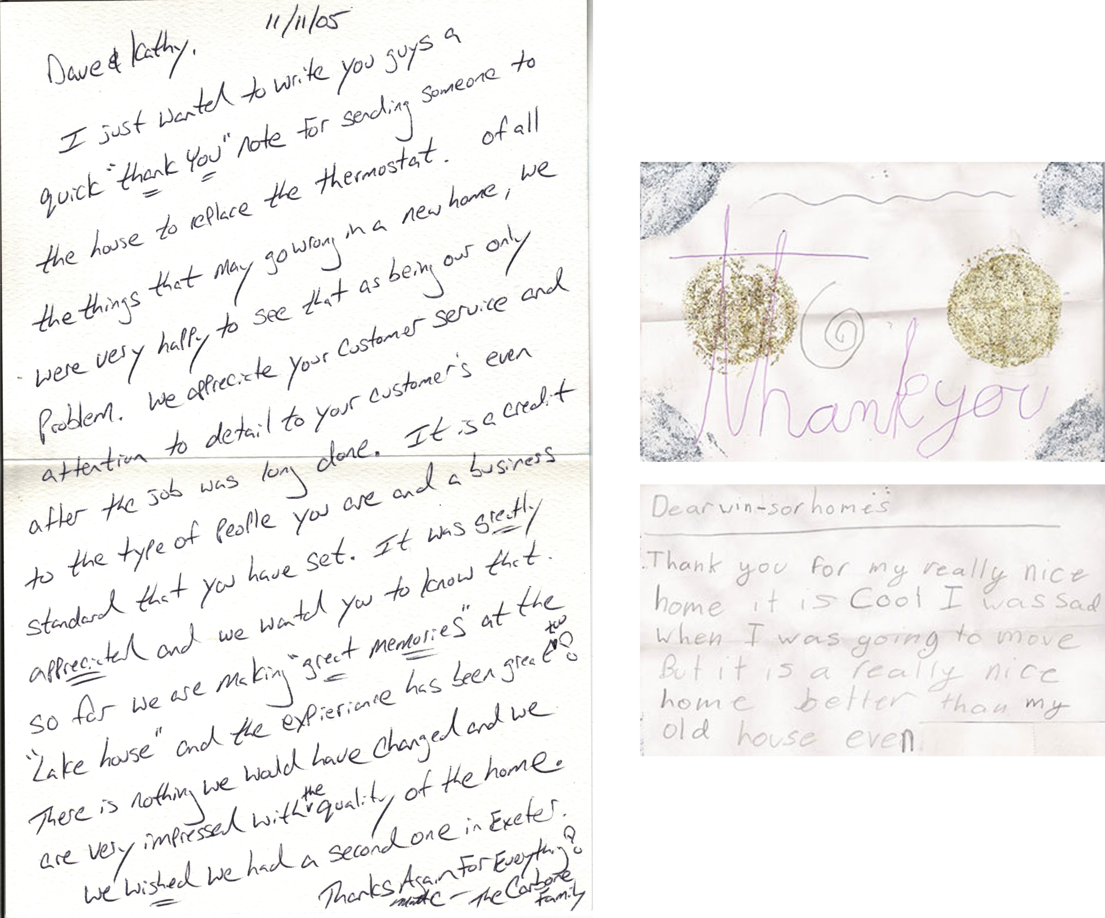 Handwritten thank you letters from Winsor Homes customers